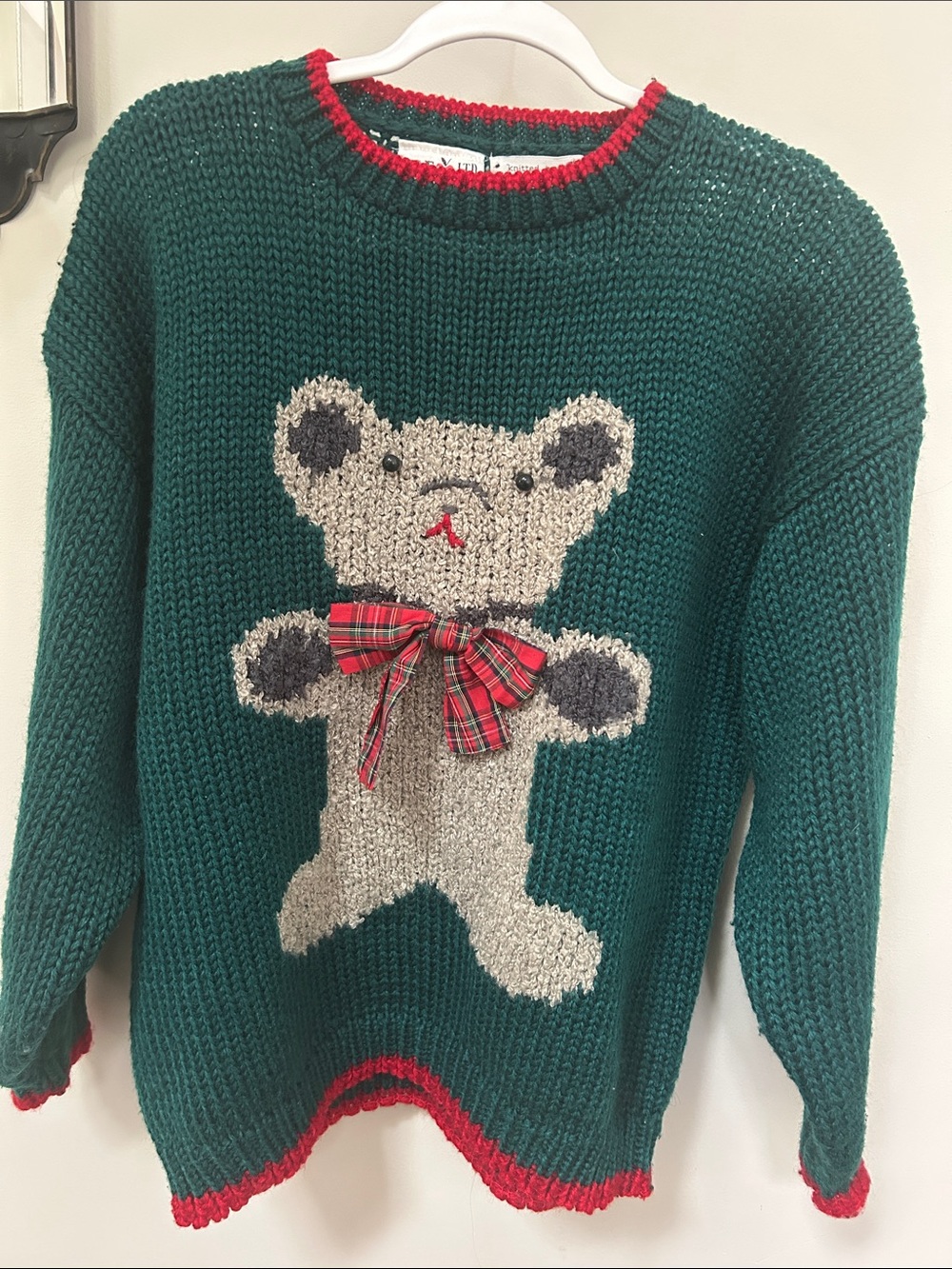 Vintage 80s handknit teal teddy bear sweater L XL